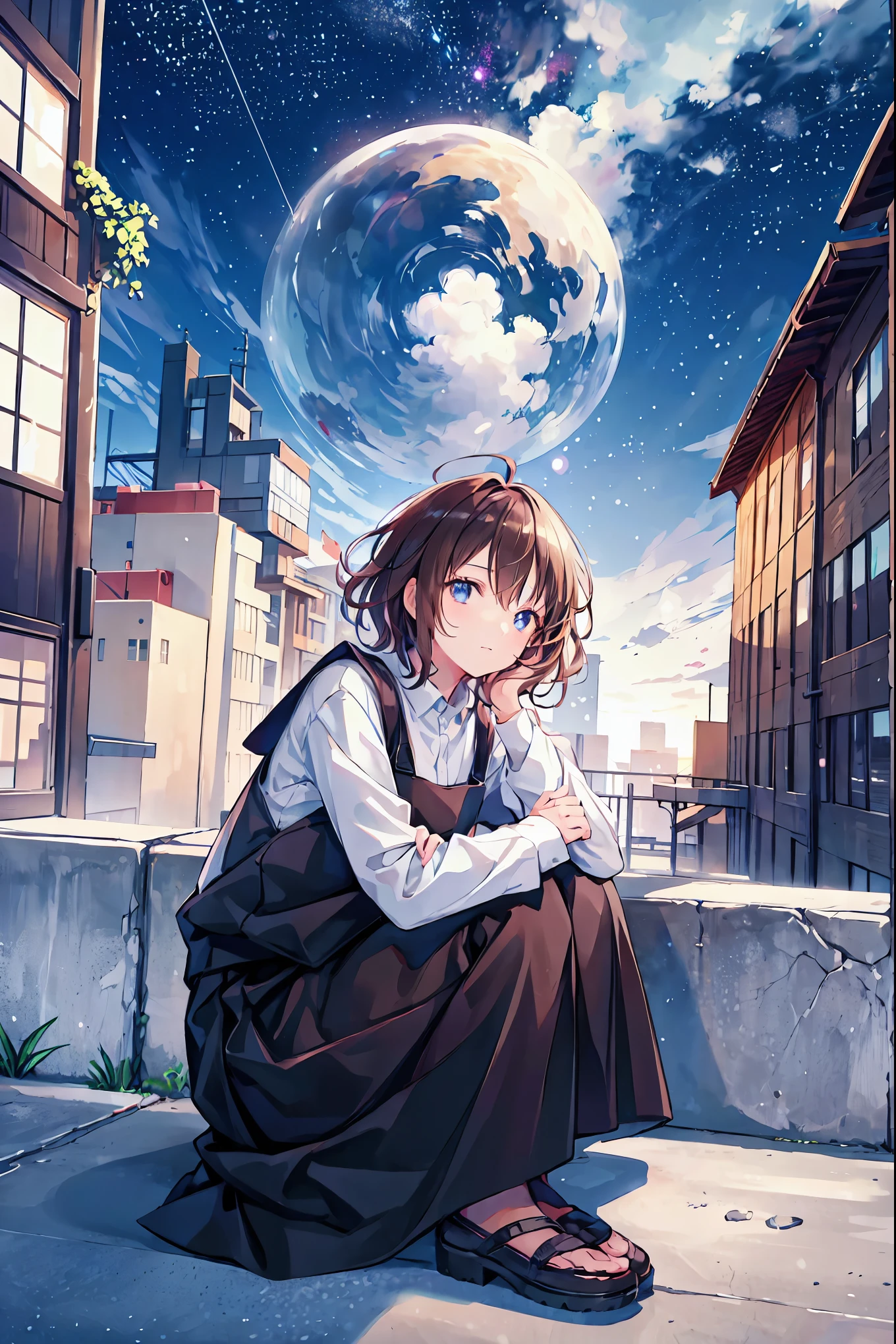 Highest quality, masterpiece, Very detailed, Detailed Background, anime, One person, young, short, sf, sf, Outdoor, night, Starry Sky, greenhouse, huge structure, Biodome, Wind景, scenery, horizon, rooftop, sitting on rooftop, Wind, avert your eyes, Atmospheric lighting, Focus Only, close, From the side, Depth of written boundary, Bokeh,Brown Hair,Shortcuts,Messy Hair,Slender beauty