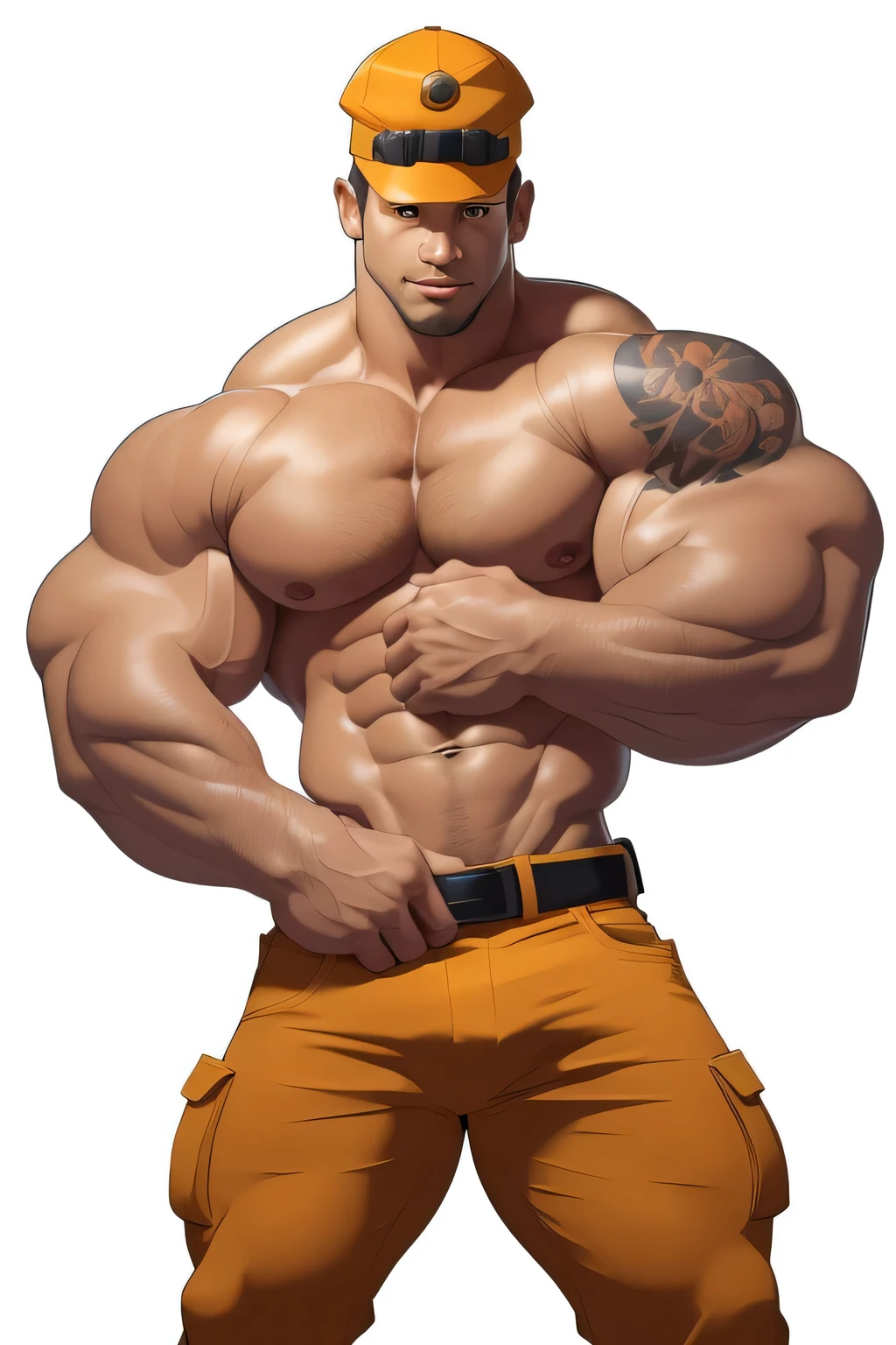 masterpiece, handsome, clear face, clear eyes, best quality, muscular, bara, shirtless, mature male ,brown anime hair, large pectorals, huge arms and hands, thick eye brows,wearing yellow safety hat, wearing orange pants and belt, cropped feet, tattooed arms, white background
