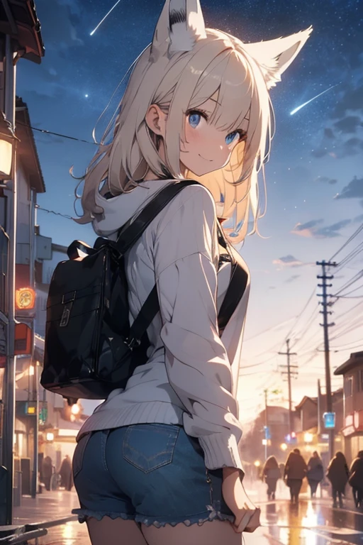 masterpiece, best quality, ultra detailed, insanely detailed, hyper detailed, woman, smiling, walking, looking at viewer, brown eyes, jitome, detailed face, light brown skin, tall, slender, sweater, shorts, ager, japanese, outside, on the street, with shooting stars, in the evening, with rain, cel anime, sharpen, blue, ahoge, semi long, white hair, blue eyes, green background, medium shot, intense wide shot, glad, with fox ears, mole