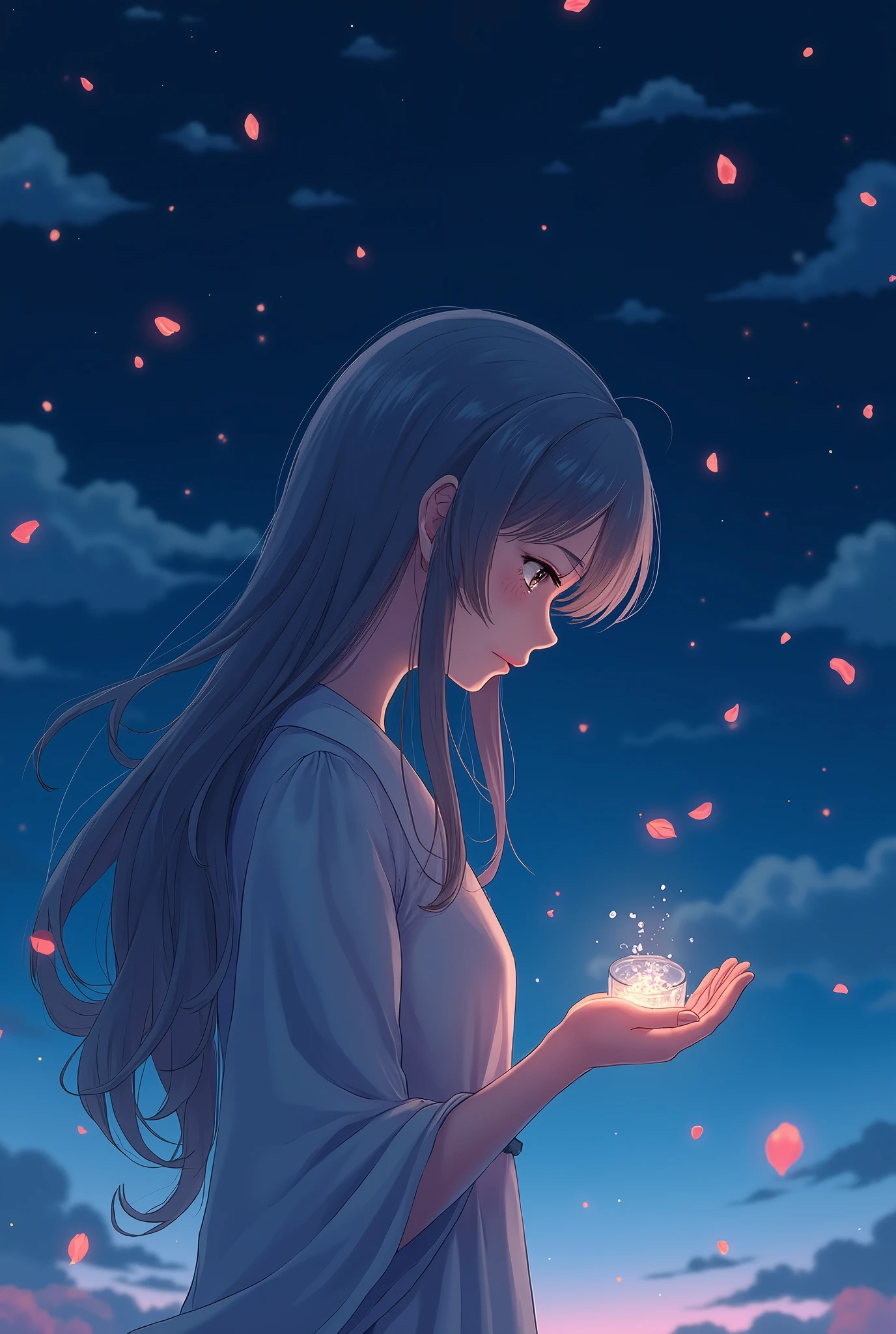 Highest quality, Manga-style profile, soft light, Night Ultra High Resolution, (Realistic:1.4), RAW Photos, 1 Japan, alone, cute, A face full of sorrow, beautiful in every detail,Cute, cupped water in the palm of the hand, petals at night, night sky, petals dancing
