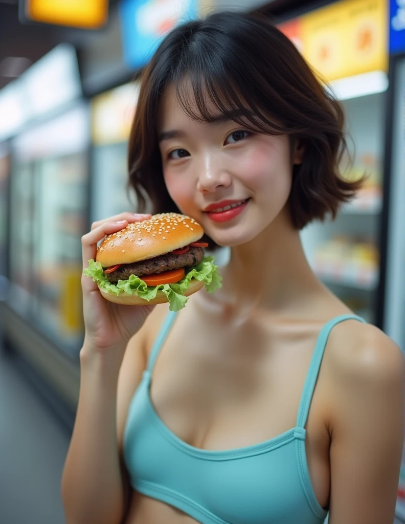 (top-quality),(masterpiece), (high-definition32K), (photographrealistic:1.3),Ultra Definition Photography,
(Japan's little clumsy girl:1.0),17 age,(symmetric clear eyes:1.3),Eyes and faces with detailed,Detailed body,Detailed skin,Detailed hair,Large breasts,(Realistic skin of the highest quality:1.4),Watching the photographer, (Wearing a very small bikini:1.0),
(Enchanting cloudy skies:0.8), (convenience store:1.0), (Shameful Adventurer:0.6), (Product Pack Shelf:1.0), (cash register:1.0), (fluorescent lamp:0.8), (Friendly cashier:1.1), (Convenient atmosphere:0.7), (Beep Barcode Scanner:1.2), (Cooler with drinks:0.9), (Burgers on the shelf:1.3), (Colorful packaging:1.1), (Lively check-out:0.8), (Afternoon convenience store:1.0)
depth of fields,Natural lighting, Sharp Focus,focus on girl,
Sony α7, 50 millimeters,f11,