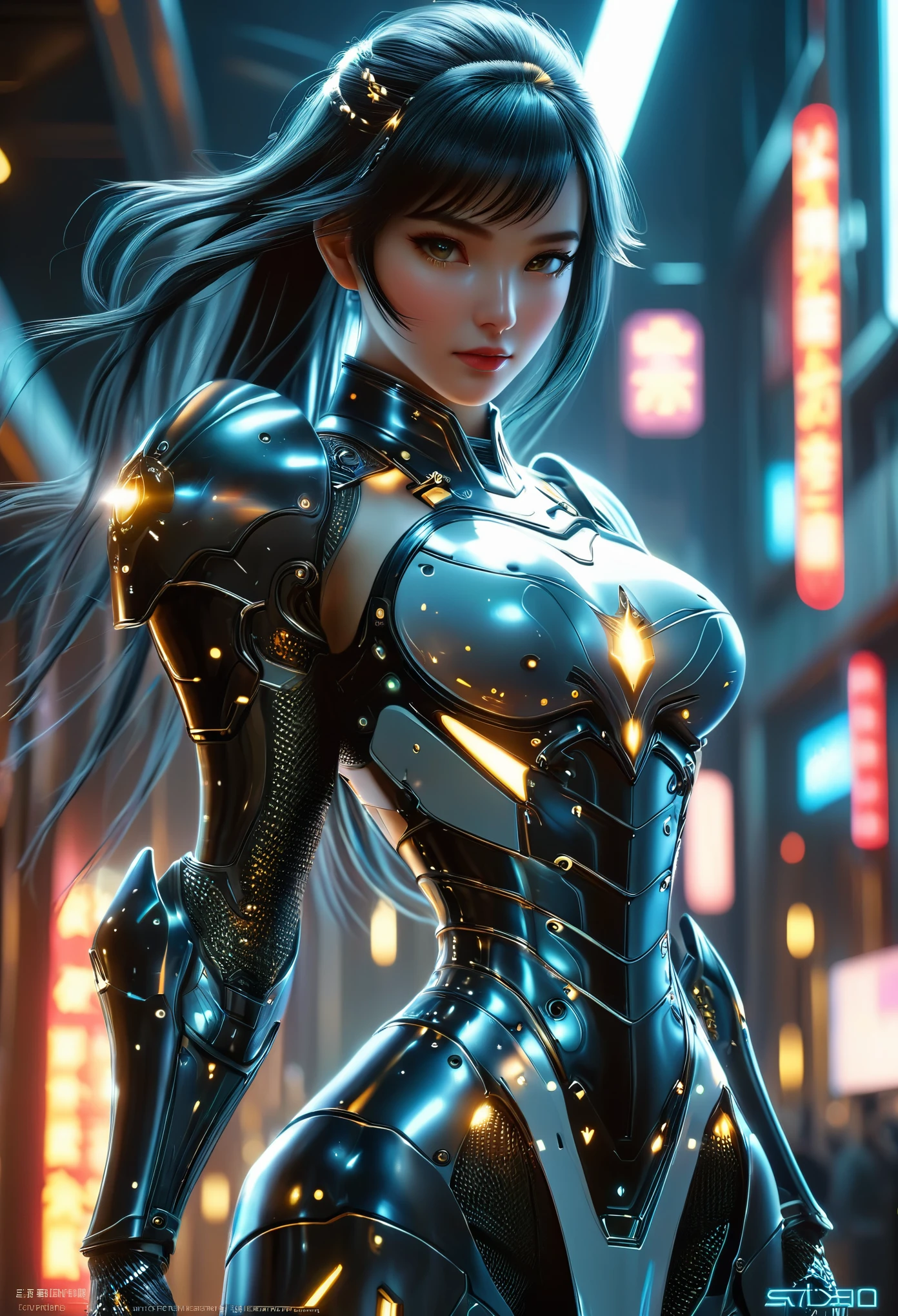 (Best Quality, 4K, 8K, High Resolution, Masterpiece: 1.2), (Super Detailed, Realistic, Photorealistic:1.37), A woman in futuristic clothing holding a futuristic sword, Trending on cgstation, Trending on cgstation, (Portrait of a girl in the Knights of the Zodiac:1.4), blunt bangs, Cute Cyborg Girl, Perfect android girl, Portrait Astronaut Girl, Beautiful girl cyborg, Girl wearing black mechanical cyber armor, Game CG, cgsociety と fenghua zhong, Beautiful Cyborg Shrine Maiden, Bioluminescence