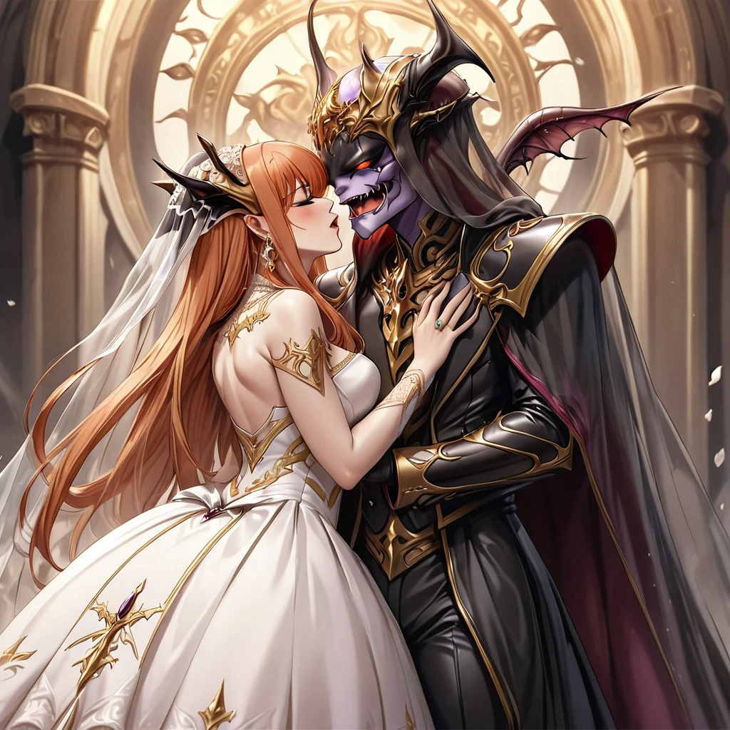 ((Highest quality)), ((masterpiece)), (detailed), (Perfect Face)、The woman is Maya Cordelia, the Demon Queen, with orange semi-long hair. She is wearing a luxurious black vintage wedding dress with gold embroidery and trim, along with a black wedding veil. She is also adorned with luxurious earrings and an engagement ring, completing her look with opulent accessories.、The woman is passionately embracing Beelzebub, the demonic lord of flies, with a deep and passionate oath-filled kiss, loving him and celebrating their demonic wedding.、The woman became the wife of Beelzebub, the Lord of Flies, and as the Fly Queen, became the companion of the Lord of Flies, spending her life with him.、The woman deeply loves her husband, Beelzebub, the great Lord of Flies, the Devil of Flies.、The man is Beelzebub, the dignified, strong Lord of Flies, the Demon King of the Demon Race, a Great Demon of monstrous form.