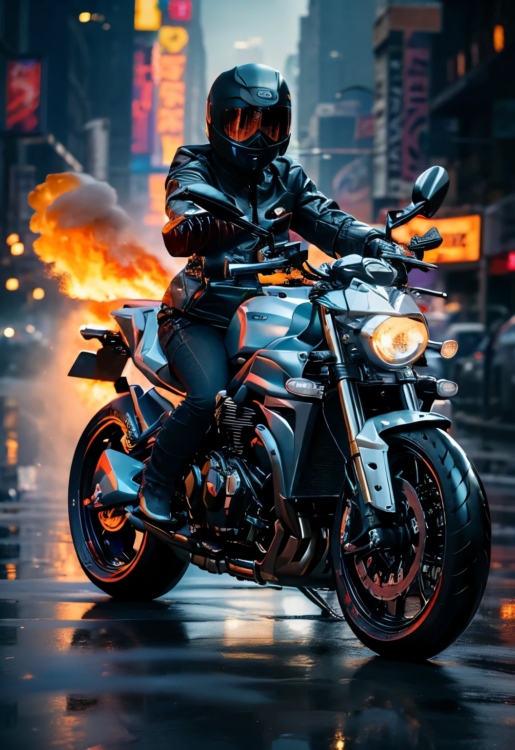 Woman 25 years old, style ghost photographer, supernatural anti-hero character in comics published by Marvel Comics, 出现one个燃烧的骷髅头, The motorcycle she's riding is also on fire, Tight leather jacket, whole body, (Burning Motorcycle: 1.5) , ((best quality)), ((Selected: 1.4)) Super Resolution, Movie Lighting, (New York: 1.3), Surreal, . ....Raw, (realism: 1.5), (realism: 1.4), (absurd: 1.4), 8K, ultra-detailed, detailed, (one: 1.4), (Viewer: 1.3), HD4