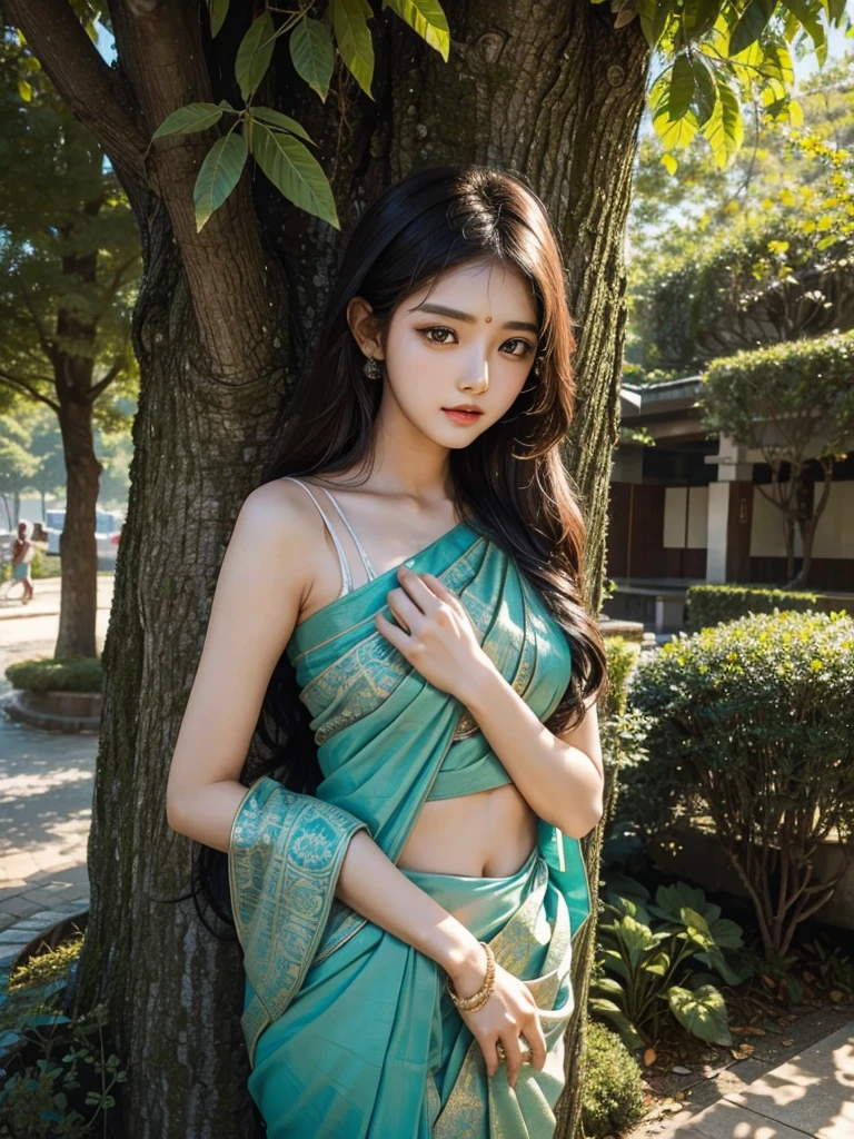 Pretty face, saree korean girl, 18 year old,  background tree, 