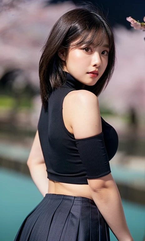( (((A beautiful woman))), ((a night cherry blossom)),(((detailed face))),(beautiful upper back), perfect body anatomy, hands on hips, huge breasts,pretty,sleeveless turtle neck, silky clothes,  mini-skirt, 4k , super high resolution ,(photo-realistic: 1.7),dark background,black short hair, ((SFW)), cowboy_shot, bokeh, SFW)