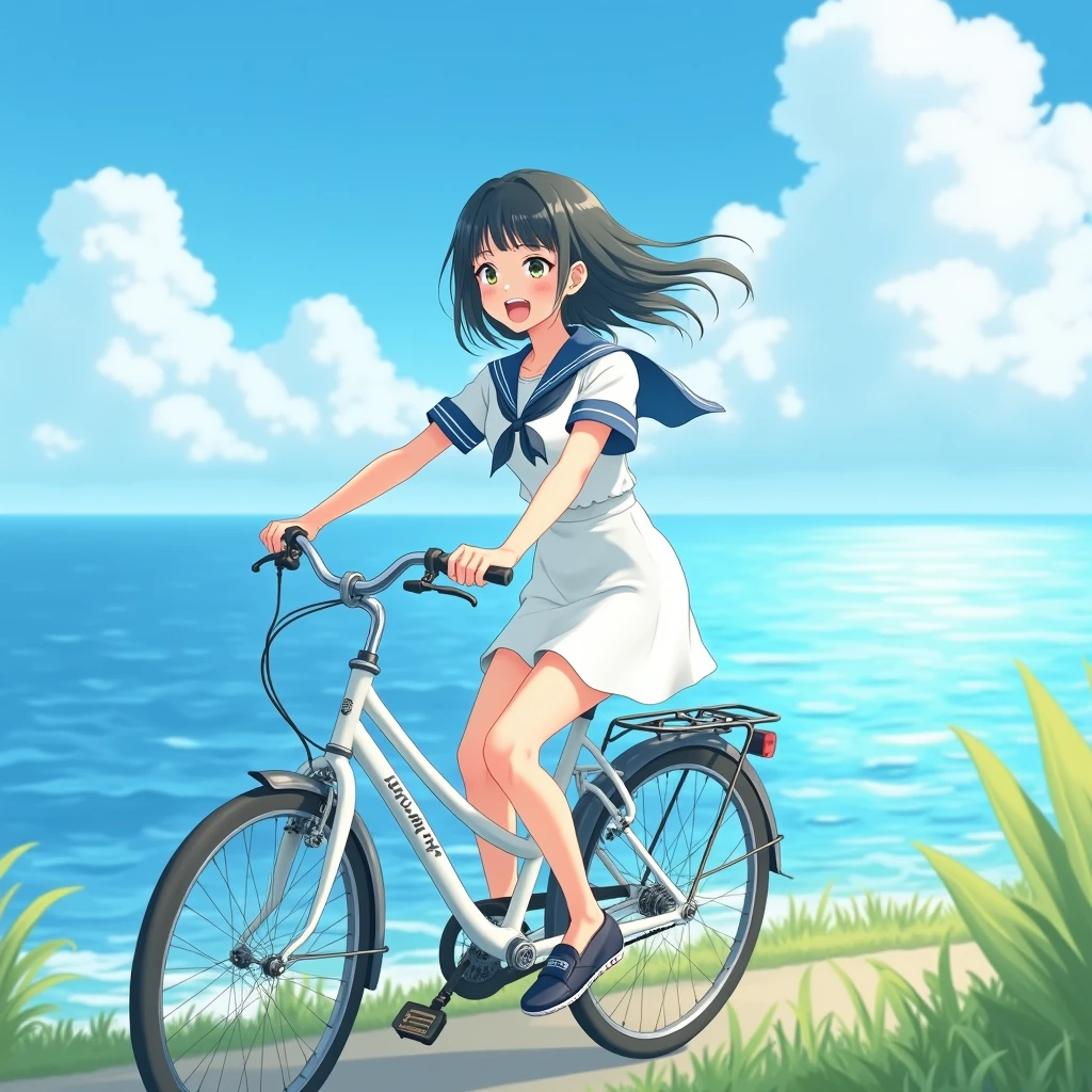 (白い自転車に乗る15歳の日本人少女)、白い半そでのセーラーワンピース、髪の色は黒です、黒い目、ミディアムヘア、ショートヘア、真っ直ぐな髪、笑顔、細身だが均整のとれた体型,、ローファーを履く、美しい青い空と白い雲、美しい海、 (最高品質, 傑作, 高解像度)、8K、壁紙、
