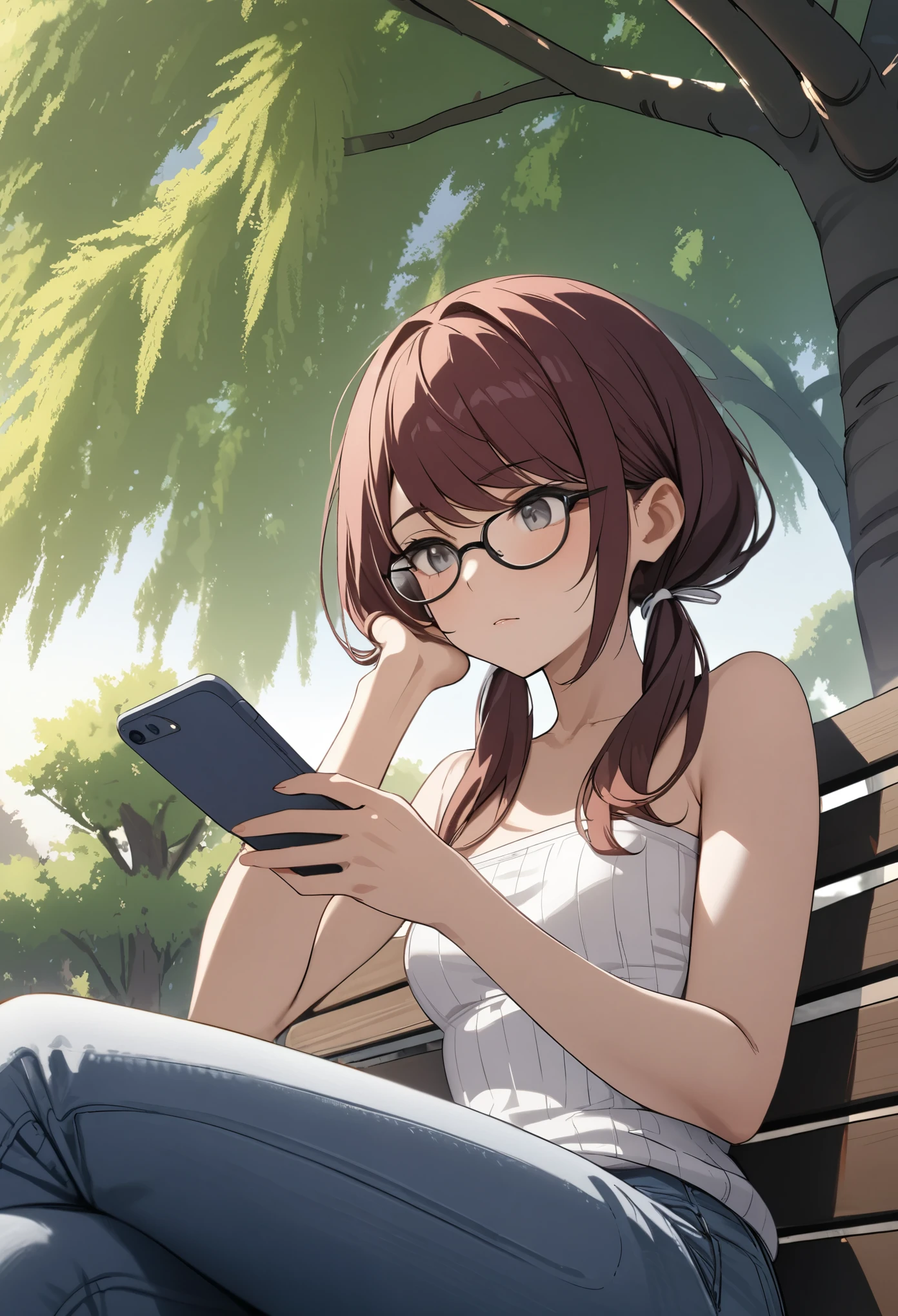 (masterpiece, best quality), stoic, looking at phone, beautiful face, upper body, close up, gray eyes, dark red hair, swept bangs, low twin tails, white ribbons, glasses, ribbed white strapless shirt, jeans, small breasts, toned arms, sitting with legs crossed, hand on face, from below, bench, willow tree, Sunrays, shade, dusk,