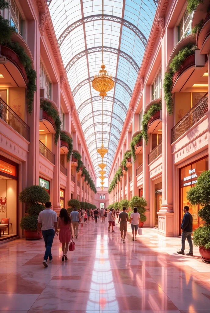(photorealism:1.2) A large pink shopping mall inside, realistic, intricate details