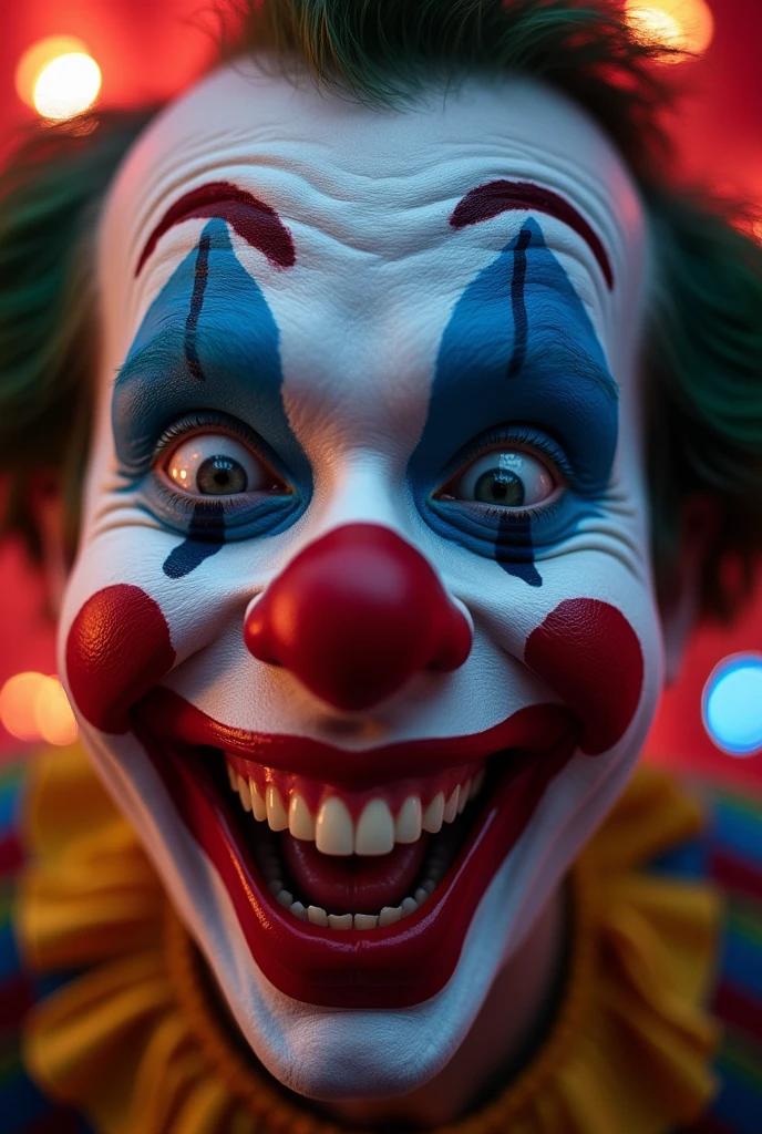 A close-up of a smiling clown's face, as if he were using illegal drugs.