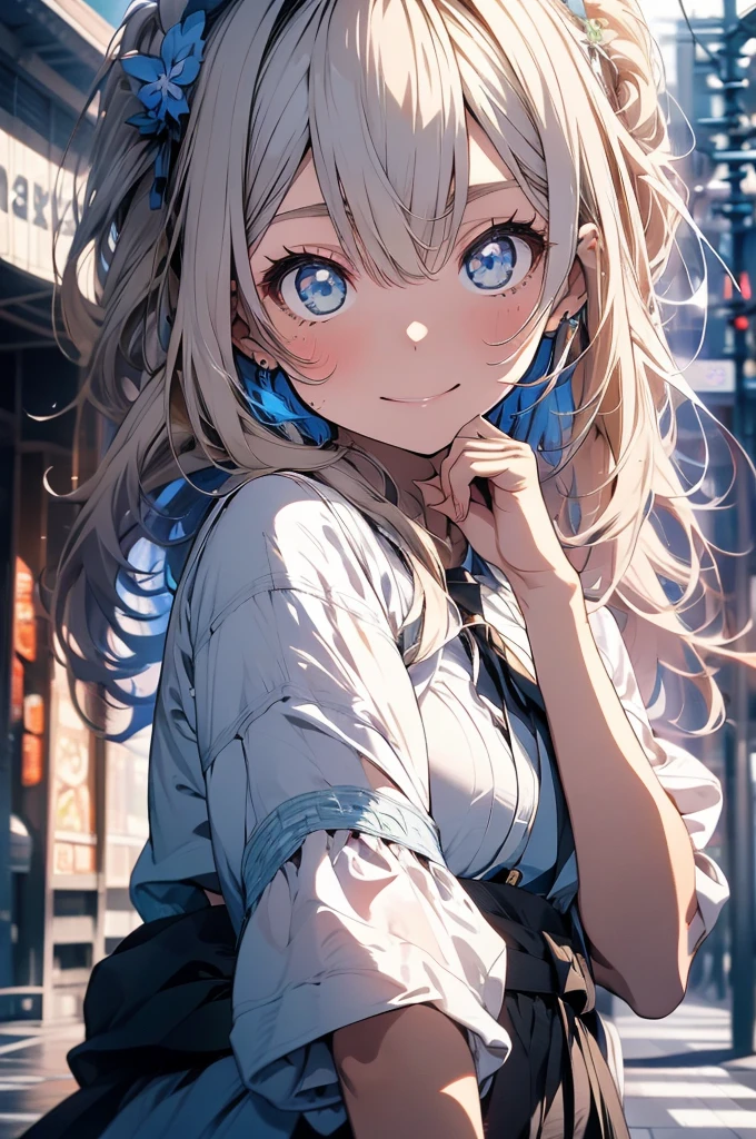 masterpiece, best quality, ultra detailed, insanely detailed, hyper detailed, woman, smiling, walking, looking at viewer, brown eyes, jitome, detailed face, light brown skin, tall, slender, sweater, shorts, teenager, japanese, outside, on the street, with shooting stars, in the evening, with rain, cel anime, sharpen, blue, ahoge, semi long, white hair, blue eyes, green background, medium shot, intense wide shot, glad, with fox ears, mole