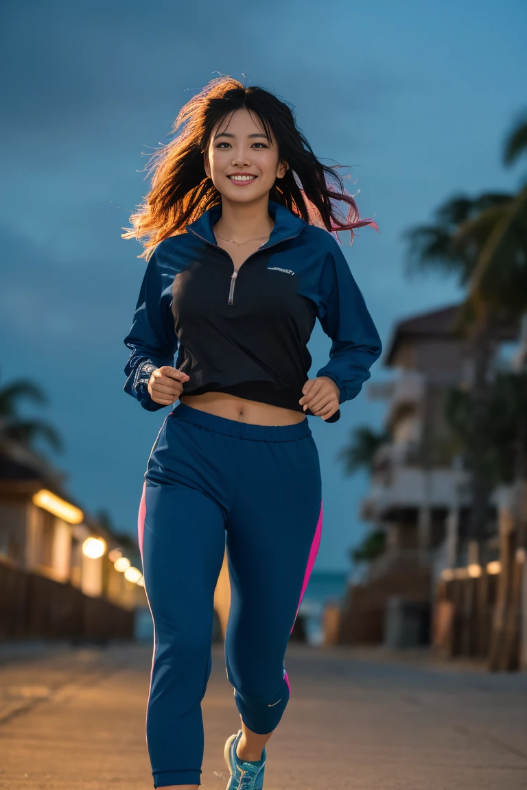arafed woman with black hair with blue highlights jogging on the beach, flowing black hair with deep blue high lights, with black hair and blue high lights, photo of a beautiful woman, long flowing black hair, pink golden hour, curly pink hair, beautiful young asian woman, beautiful asian woman, wild ginger hair, pink wispy hair, light pink hair, a young asian woman, an asian woman, infp young woman, full body photo of a 24-year-old french girl in RAW UHD format (Black-eyed woman) run down the beach, Details (textures! , Hair! , glistering, Color!! , imperfections: 1.1), highly detailed glossy eyes (looking at the camera), DSLR Lighting, SLR camera, Ultra-Quality, sharpness, Depth of field, Film grain (Downtown), Fujifilm XT3, Crystal clear, Frame Center, beatiful face, sharp-focus, , neon lighting, bokeh (lit), day time, (open sky), detailed skin pores, oilly skin, suntan, Complex eye details, ((smiling)), ((long distance)), ((full body)), ((jogging clothes)), (beautiful hands)