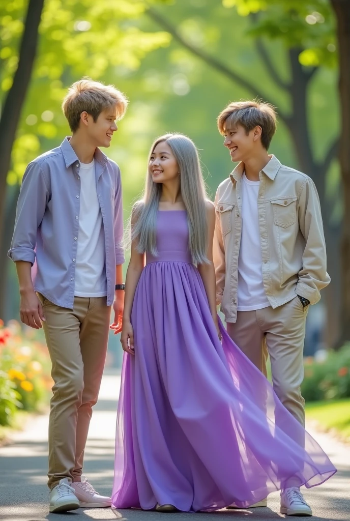 Two cute blonde Korean man on left and right side and a girl in middle with silver straight hair and long purple dress