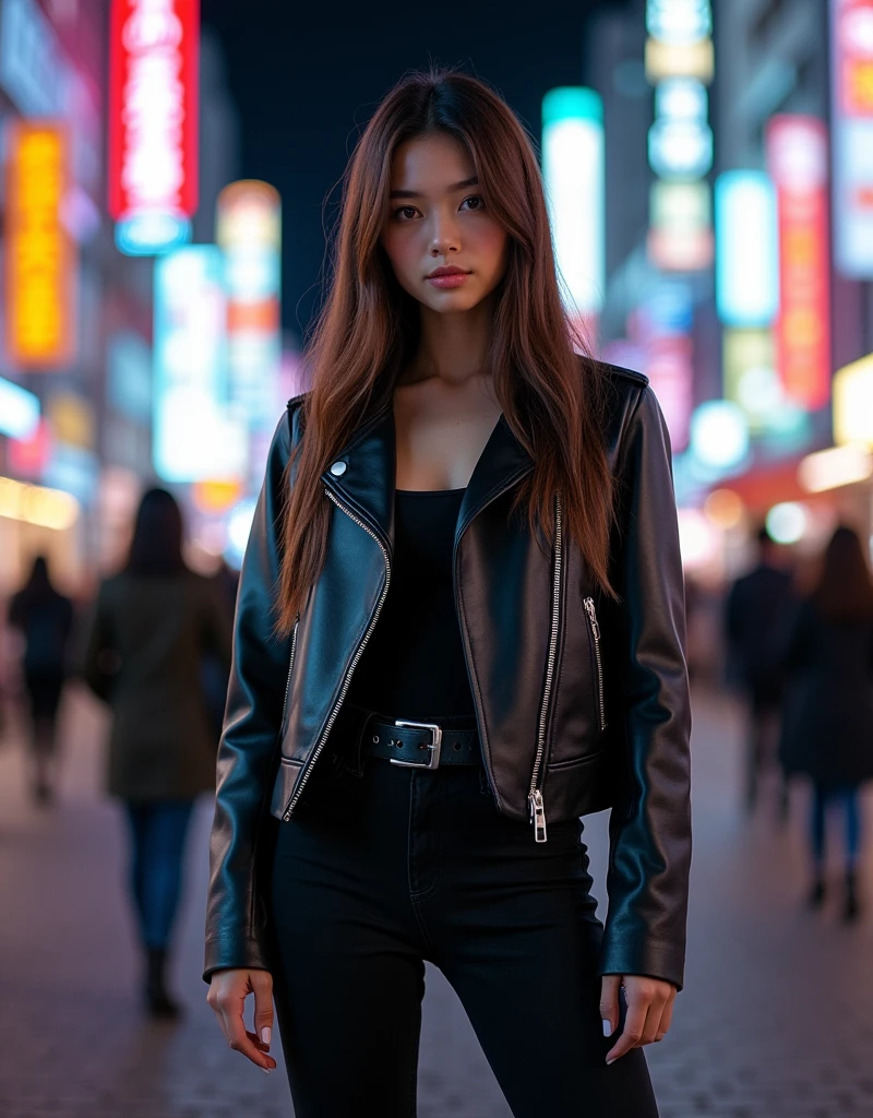 The 21-year-old Japanese female is dressed in a chic, modern urban outfit, with a black leather jacket, high-waisted jeans, and ankle boots. She stands confidently on a bustling city street, with neon lights reflecting off her long, straight brown hair. Her fair skin glows under the streetlights, and her black-brown eyes shine with determination. Her big boobs with big cleavage and big hips are accentuated by the snug fit of her stylish outfit, giving her a powerful, commanding presence.