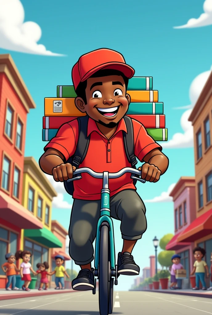Cartoon of a fat black man with a cap delivering packages 