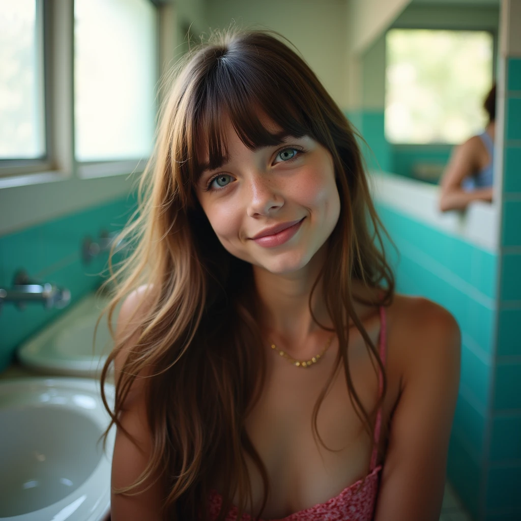 Authentic photo quality、very cute face、Extraordinary sexy beauty、beautiful calm and bright expression、Refreshing and sexy look.、Long bangs falling on a perfect cute and beautiful face.、super long brown hair, silky smooth glowing.、beautiful face and brown hair、very cute beautiful sexy young girl、Very perfect and beautiful cute face.、Beautiful bright sky blue eyes、very big eyes、very big brown hair above one eye、、Very radiant white skin、Glossy Teak、eyeliner、A small smile、shiny skin. Dressed provocatively at the viewer while smiling. She's at school bathroom secretly taking hot sexy photos of her to her boyfriend