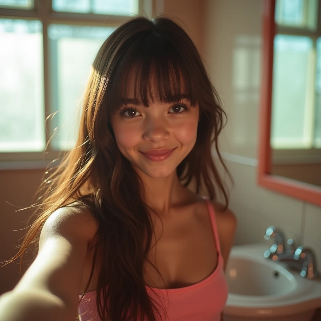 Authentic photo quality、very cute face、Extraordinary sexy beauty、beautiful calm and bright expression、Refreshing and sexy look.、Long bangs falling on a perfect cute and beautiful face.、super long brown hair, silky smooth glowing.、beautiful face and brown hair、very cute beautiful sexy young girl、Very perfect and beautiful cute face.、Beautiful bright sky blue eyes、very big eyes、very big brown hair above one eye、、Very radiant white skin、Glossy Teak、eyeliner、A small smile、shiny skin. Dressed provocatively at the viewer while smiling. She's at school bathroom secretly taking hot sexy photos of her to her boyfriend