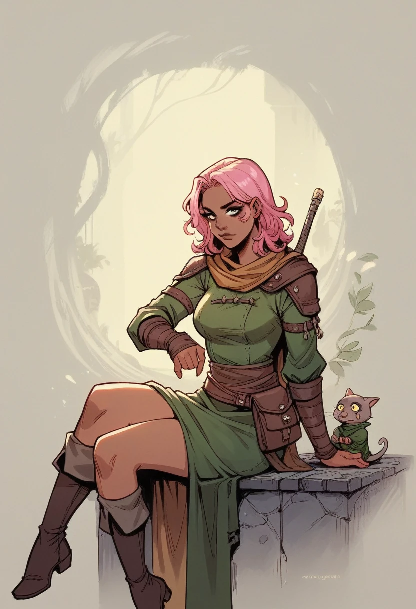 best quality, masterpiece, extremely detailed, dnd, gnome, thief, 30 years old filipino female, (a gray rat), sits on her shoulder, long pink hair, beautiful tanned skin, rogue outfit, two small daggers, mischievous expression, perfect face, perfect hands, perfect fingers