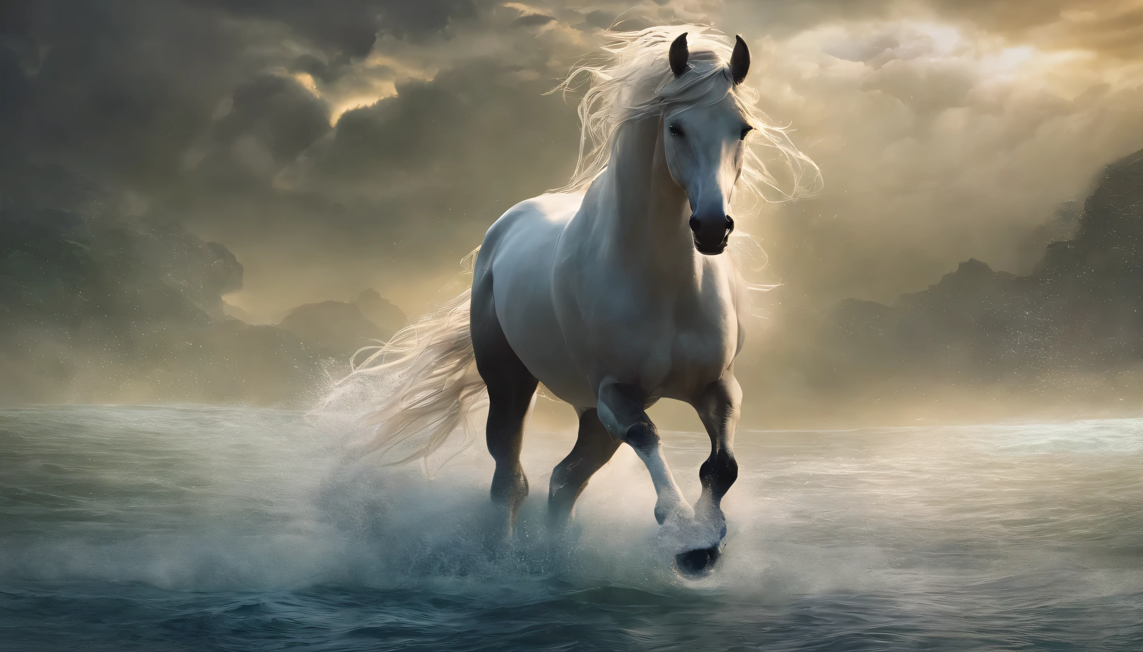 masterpiece, Big stars in the background, intergalactic, The best quality, 4k, high resolution, masterpiece:1.2, ultra detailed, realist, Kelpie, Mix of horses and fish, Horse with fish tail in front of the back, shiny scales, coming out of the water, Kelpie, a mythical creature, glowing light, Textura realist del agua, Moist and shiny appearance, Wavy Reflection, Aura of Mythology, underwater landscape, majestic presence, natural surroundings, serene environment, The existence of mysterious creatures, ethereal lighting, elegant movement, Super powers, Quiet and calm environment, fantastic creatures, seductive beauty, Powerful and captivating look, fine details, The Myth of Mythical Creatures, Slim and elegant figure, Elements inspired by nature, Subtle tones, Detailed textures, Mythical existence, deep in the waves, Lower body in water, Mythical characteristics of horse, Waterfall, Dynamic and energetic poses
