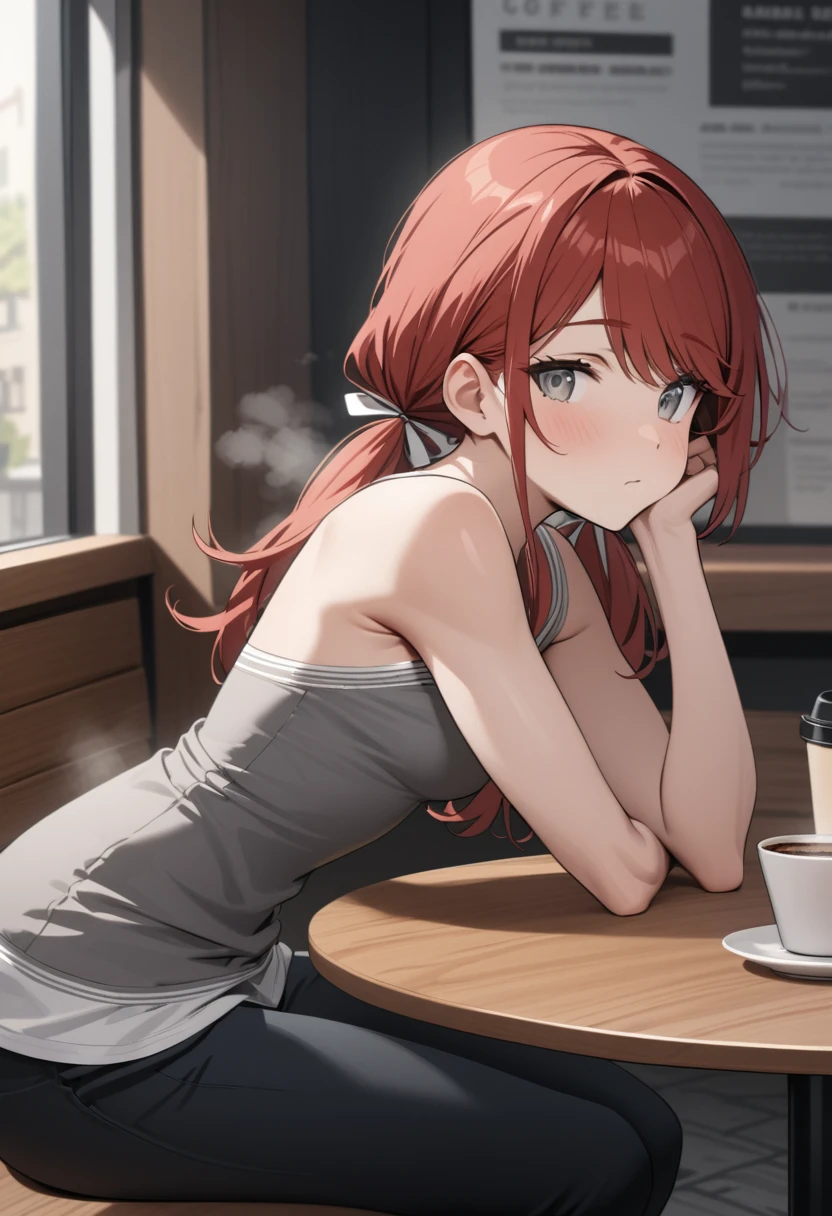 Masterpiece, highres, high Quality, detailed face, over-the-shoulder shot, solo, cafe, bored, hand on cheek, leaning forward, Gray eyes, red hair, swept bangs, low twin tails, white ribbons, gray strapless shirt with white trim, black jeans, small breasts, toned arms, table cloth texture visible, steaming cup of coffee,