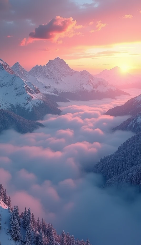 Snow covered mountains, A thick fog rolling in like waves, Beautiful and colorful sunrise, Cinema Lighting, Spectacular landscapes, Dramatic atmosphere, haze, Morning light, Very detailed, Realistic, 8k, masterpiece, Nice views, moody and Atmospheric, Vibrant colors, Natural Beauty, Calm and peaceful, Magnificent and majestic, Picturesque, Nice views, Awe-inspiring, Atmospheric, Dramatic lighting, Vast panorama, Vast and vast々And, Epic scale, Ultra-realistic, Wide-angle, Structure of the film, Realistic Textures, Intricate details, Beautiful sky, Shining Sun, Mysterious feeling