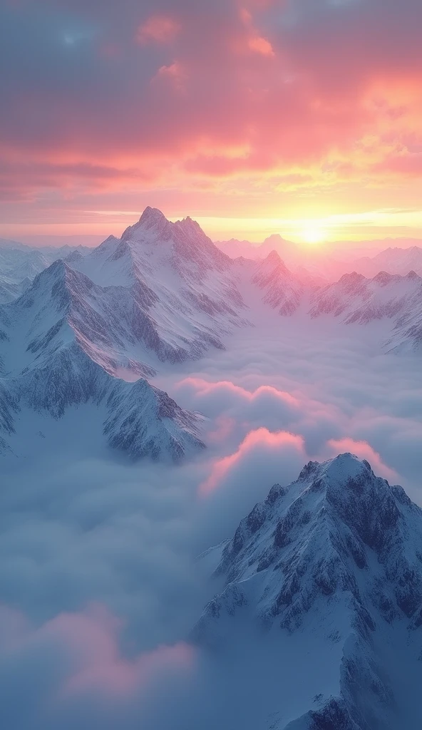 Snow covered mountains, A thick fog rolling in like waves, Beautiful and colorful sunrise, Cinema Lighting, Spectacular landscapes, Dramatic atmosphere, haze, Morning light, Very detailed, Realistic, 8k, masterpiece, Nice views, moody and Atmospheric, Vibrant colors, Natural Beauty, Calm and peaceful, Magnificent and majestic, Picturesque, Nice views, Awe-inspiring, Atmospheric, Dramatic lighting, Vast panorama, Vast and vast々And, Epic scale, Ultra-realistic, Wide-angle, Structure of the film, Realistic Textures, Intricate details, Beautiful sky, Shining Sun, Mysterious feeling