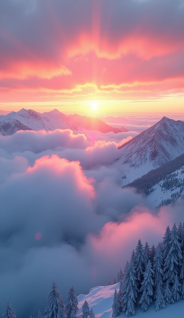 Snow covered mountains, A thick fog rolling in like waves, Beautiful and colorful sunrise, Cinema Lighting, Spectacular landscapes, Dramatic atmosphere, haze, Morning light, Very detailed, Realistic, 8k, masterpiece, Nice views, moody and Atmospheric, Vibrant colors, Natural Beauty, Calm and peaceful, Magnificent and majestic, Picturesque, Nice views, Awe-inspiring, Atmospheric, Dramatic lighting, Vast panorama, Vast and vast々And, Epic scale, Ultra-realistic, Wide-angle, Structure of the film, Realistic Textures, Intricate details, Beautiful sky, Shining Sun, Mysterious feeling