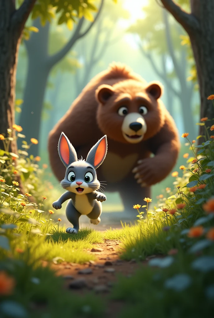 In 3d animation style,"A dynamic scene with the bear chasing the rabbit through the dense forest. The rabbit is running as fast as it can, with a look of terror on its face, while the bear is close behind"