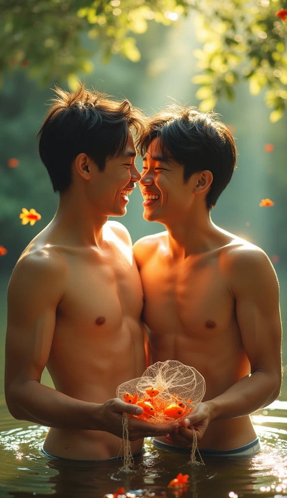 Asian guy , 2 people , bare , Hug and kiss, big penis, bareมีจู๋อยู่ในตาข่ายจับปลาทอง