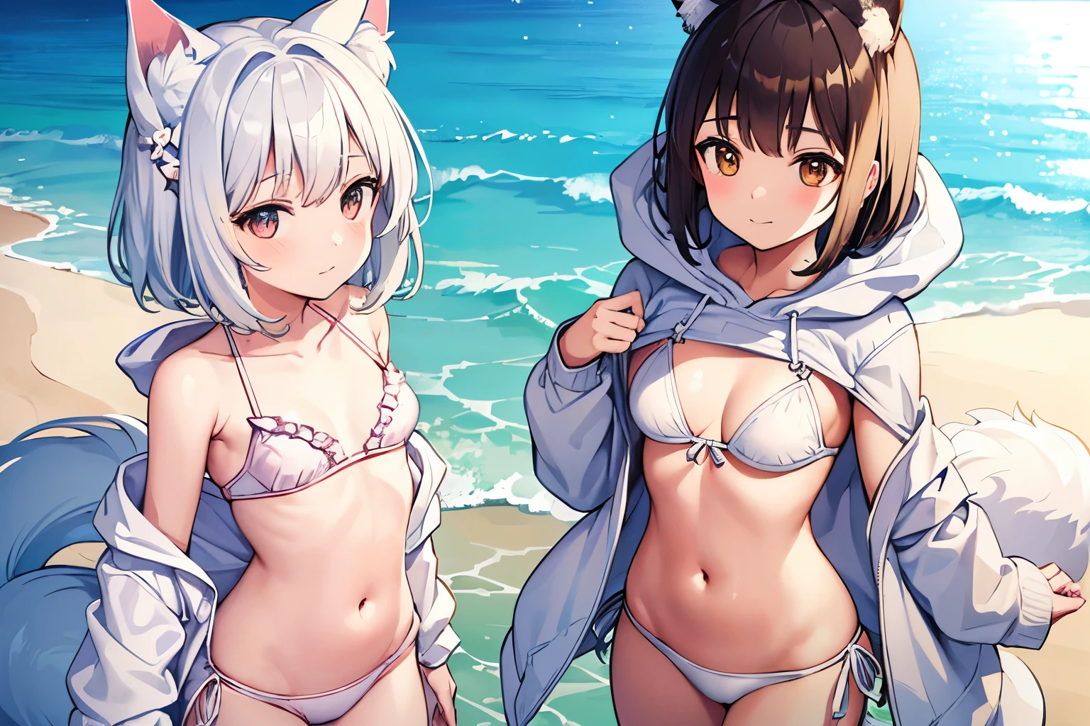 Two Girls cute Background inside Sea (Two Girls Wolf ears Brown short hair String Bikini White shorthair Frilled bikini Clothing hoodie) Petite Normal chest Thin thighs first round