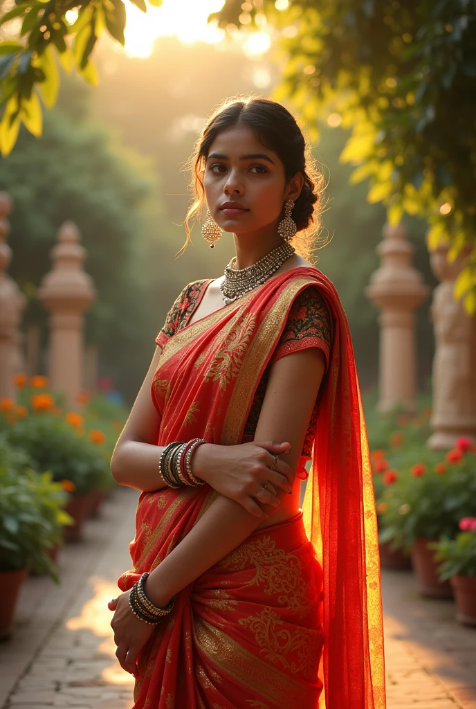 Create an image of a girl in which half of her breasts are visible and she is wearing a saree
