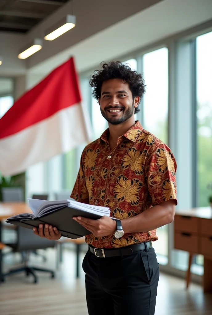 a fat Indonesian man with curly hair, wearing a batik shirt and black trousers, is standing in the office room on his right side there is an Indonesian flag