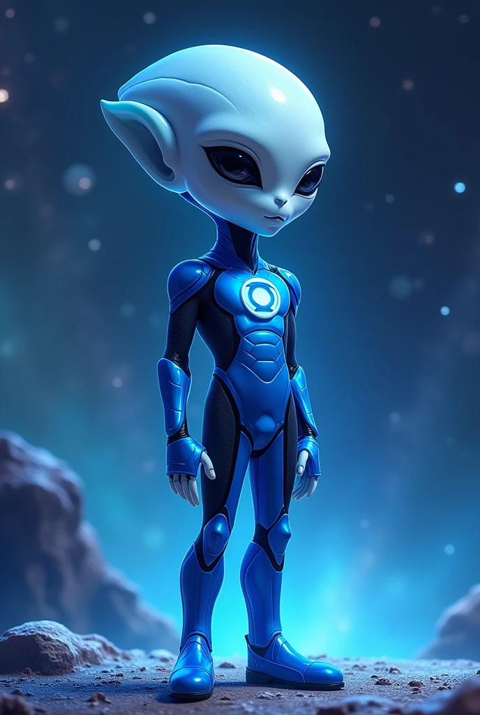 1man, slender, alien, normal head size, white skin, black eyes, long head fin, blue suit with black accents, blue boots, blue lantern logo, blue aura, space background