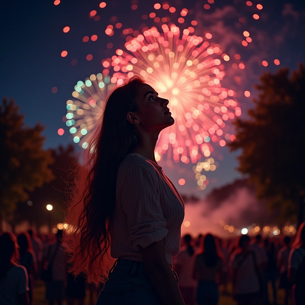 many fireworks in the eyes of young lady at night