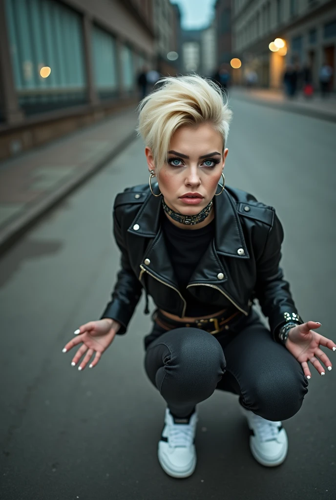 russian milf,, looking like Miley Cyrus, platinum blonde hair in quiff, poof or bump hairstyle ,with very light blue eyes, pale, heavy eye shadows. Sad face, big eyes, smeared make up. Wearing black moto jacket, cropped metal band t-shirt, black skinny jeans and white tennis sneakers. Lots of metallic braceles and collars. Tattoed. Tacky leather belt with oversized buckle. Wide loop earrings. Scared face. Sitting on the ground, hands on her knees