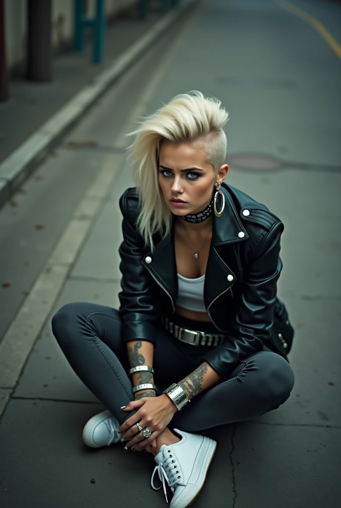 russian milf,, looking like Miley Cyrus, platinum blonde hair in quiff, ???? or bump hairstyle ,with very light blue eyes, pale, heavy eye shadows. Sad face, big eyes, smeared make up. Wearing black moto jacket, cropped metal band t-shirt, black skinny jeans and white tennis sneakers. Lots of metallic braceles and collars. Tattoed. Tacky leather belt with oversized buckle. Wide loop earrings. Scared face. Sitting on the ground, hands on her knees