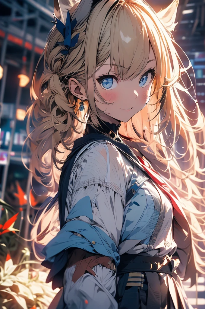 masterpiece, best quality, ultra detailed, insanely detailed, hyper detailed, woman, smiling, walking, looking at viewer, brown eyes, jitome, detailed face, light brown skin, tall, slender, sweater, shorts, teenager, japanese, outside, on the street, with shooting stars, in the evening, with rain, cel anime, sharpen, blue, ahoge, semi long, white hair, blue eyes, green background, medium shot, intense wide shot, glad, with fox ears, mole