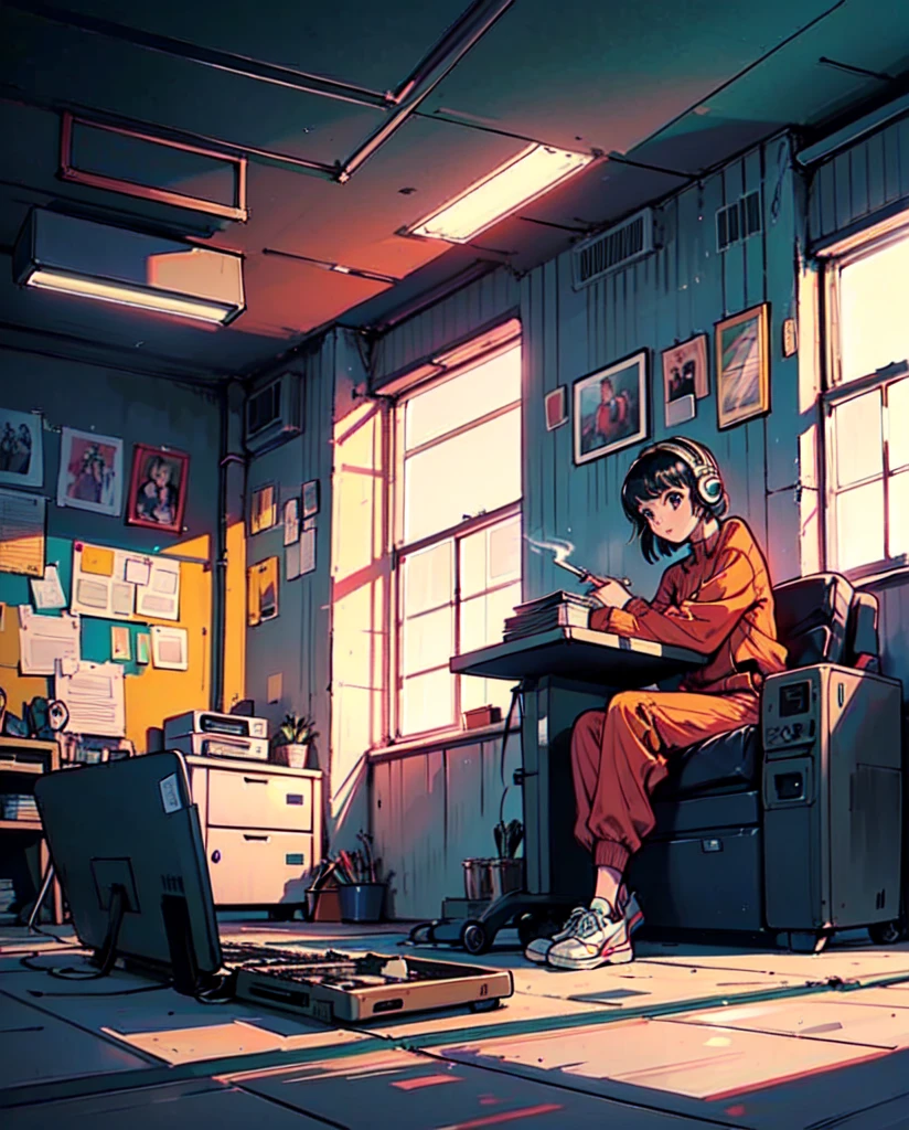 Neon city, long shot, city pop, summer, back view of a girl in a loungewear, sitting deeply in a chair with her legs crossed, a lit cigarette and an ashtray, neon stand lighting in both corners of the room, smartphone operation, glowing headphones , cluttered work room, computer light illuminating a dark room, sneakers, maniac PC peripherals, desktop computer, typing on computer, retro atmosphere, retro fan, record, Famicom, posted on the wall Retro posters, colorful American comic posters, full-body drawings from a considerable distance, drawings of entire rooms from diagonally above, views from a distance, spacious rooms, stairs.