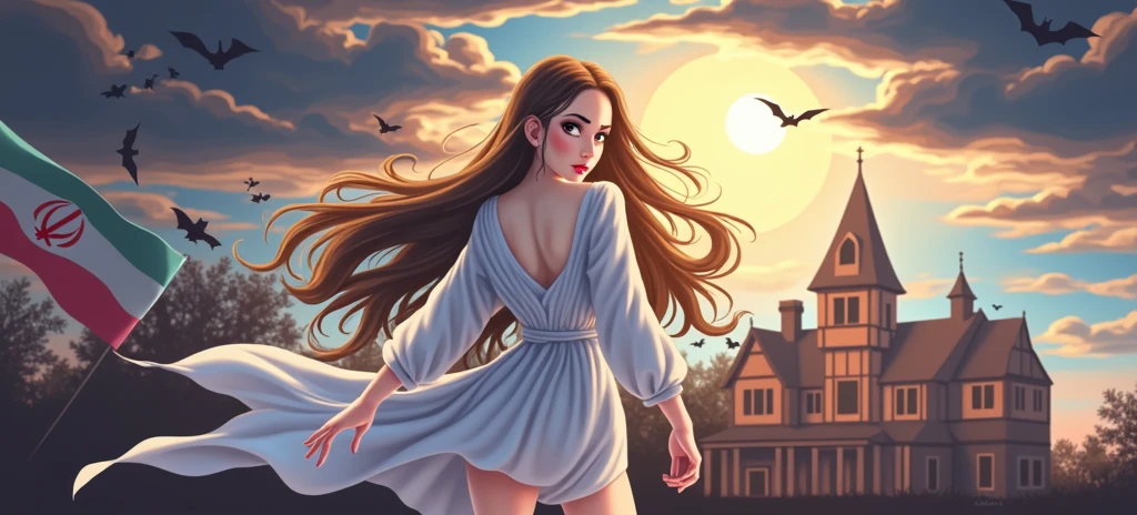 1girl, , haunted house, spooky atmosphere, simple, beautiful, modern watercolor style, smirk, raised left eyebrow, perfect light brown eyes ,Standing next to the Iranian flag, attractive style and good body, leotards and linen, a scarf on the head
