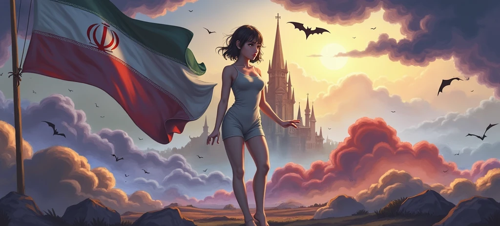 1girl, , haunted house, spooky atmosphere, simple, beautiful, modern watercolor style, smirk, raised left eyebrow, perfect light brown eyes ,Standing next to the Iranian flag, attractive style and good body, leotards and linen, a scarf on the head