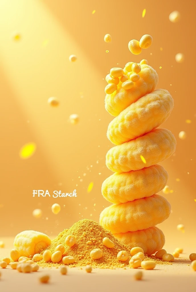 3d poster image for corn starch product , corn peices and seeds and powder and write company name [ HRA Essential Oil ] in the below left corner or make a beautiful logo of this company, background is in peachy