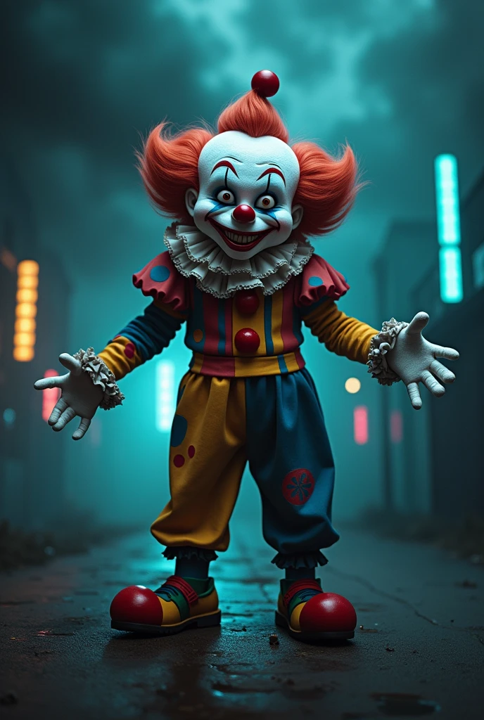 A clown with a big smile on his face. He looks like he's using illegal drugs. The background is dark.