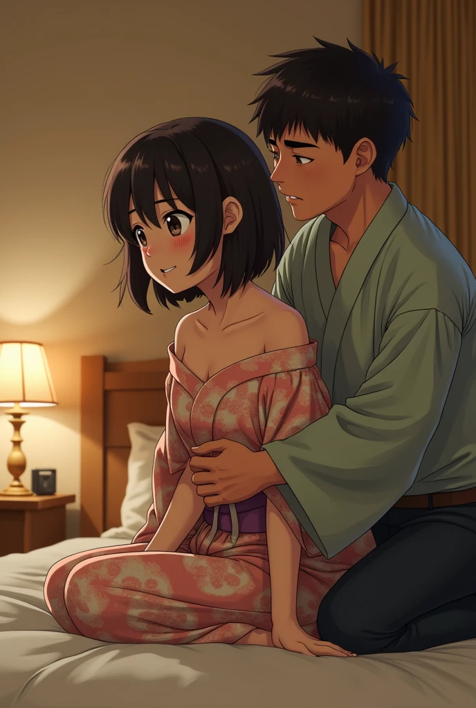 masterpiece:1.6, best quality), finely detailed beautiful eyes: 1.2), colorful, shinkai makoto, kimi no na wa., 1boy, buzzcut, muscular, brown eyes, school uniform, boy caressing girl's body, breast groping, breast grope, hold breast,1girl, bangs, black hair, small ponytail with red ribbon, short hair, blush, brown eyes, collared shirt, long sleeve white shirt buttons, off shoulder, unbuttoned shirt, open shirt, medium breast, nipples, pink nipples, short skirt, indoors, sit, sitting on bed , bed,bedroom, lamp, cowboy shot, face to face