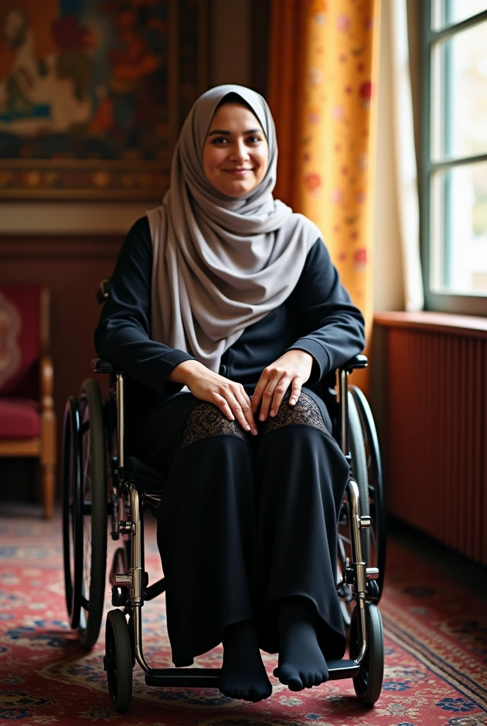 Paralytic Muslim putting black stockings woman in a wheelchair