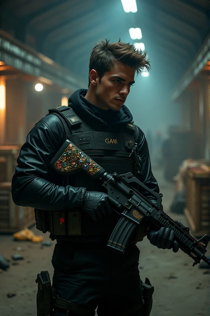 A male soldier in black clothing is holding a weapon and Gam's treasurer.