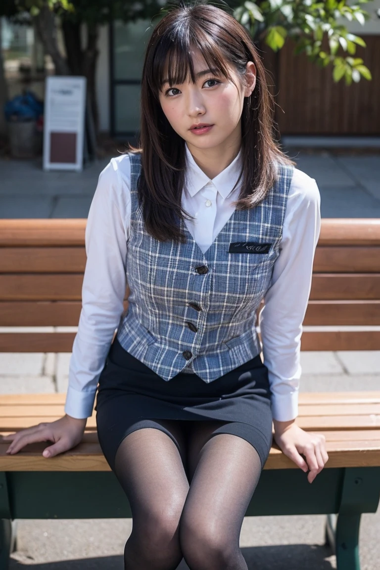 Urzan-6500-v1.1, (RAW Photos:1.2), (Realistic), (Genuine:1.4), １、Perfect Anatomy、42 years old、Looking into the camera、Medium Long Hair、Plaid vest、((Sit on a bench:1.3))、(Ultra-realistic pantyhose:1.2), (High heels)、(Business services)、