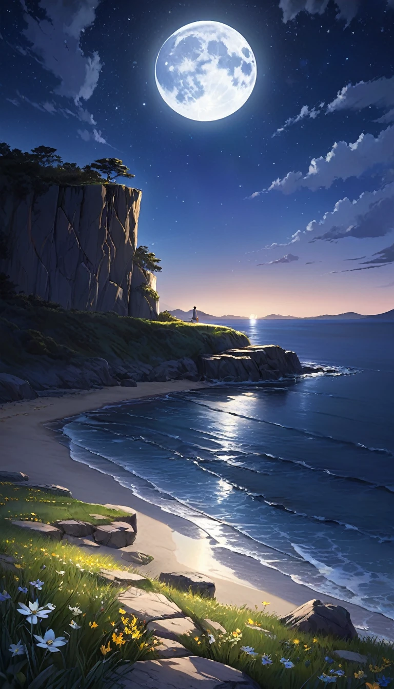 Basic background: A realistic South Korean cliffside at night, overlooking a calm sea or a distant valley. The sky above is clear and deep, transitioning from a dark indigo to a softer twilight near the horizon. The full moon shines brightly, casting a natural silver light over the entire scene. The stars are numerous but subtle, twinkling gently in the sky, providing a serene and peaceful backdrop. The cliff is rugged, with patches of grass and small shrubs illuminated by the moonlight, giving the scene a natural, earthy feel.
Centered image: A man stands at the edge of the cliff, facing away from the viewer, looking out at the expansive sky and the moonlit landscape. His posture is upright but relaxed, suggesting a moment of quiet contemplation. The moonlight casts a soft glow on his figure, highlighting his silhouette against the night sky. There’s a subtle, natural halo effect around his head, created by the bright moonlight, adding a touch of ethereal beauty without being overly surreal.
Bottom image: At the man’s feet, a gently weathered clock and a slightly cracked hourglass lie on the ground, symbolizing the passage of time. These objects are partially embedded in the earth, blending with the natural elements around them. The clock and hourglass are illuminated by the soft light of the moon, creating a gentle reflection on the rocky ground. Nearby, small patches of wildflowers add a pop of color, naturally integrating with the scene.
Additional effects: The night sky features a realistic scattering of stars, with a few particularly bright stars standing out, drawing the eye across the scene. The full moon is detailed, with visible craters and a soft, diffused light that gently brightens the entire landscape. The cliffside is bathed in moonlight, with natural shadows and highlights that emphasize the rugged beauty of the terrain. The reflection of the moon on the distant water (if there is a sea) or the glow over the valley adds a captivating element that
