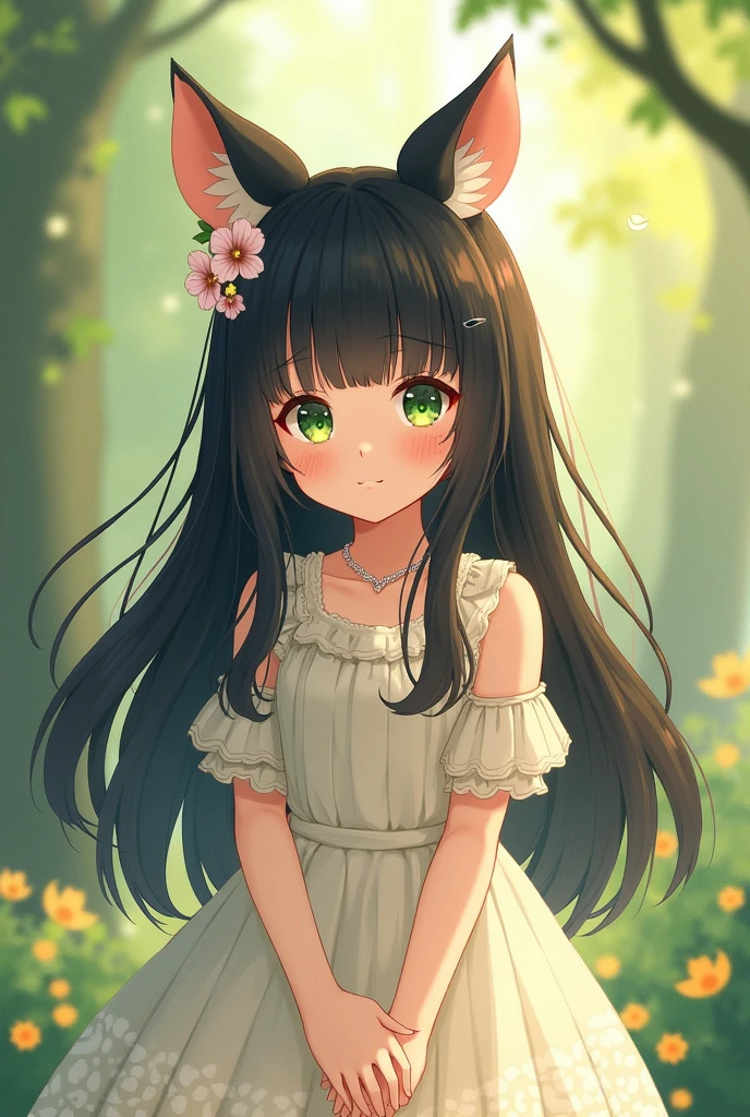 girl, long black hair, Hime cut, Hamster ears, Green Eyes, White skin, Dodoy, demure, Mature, Sexy