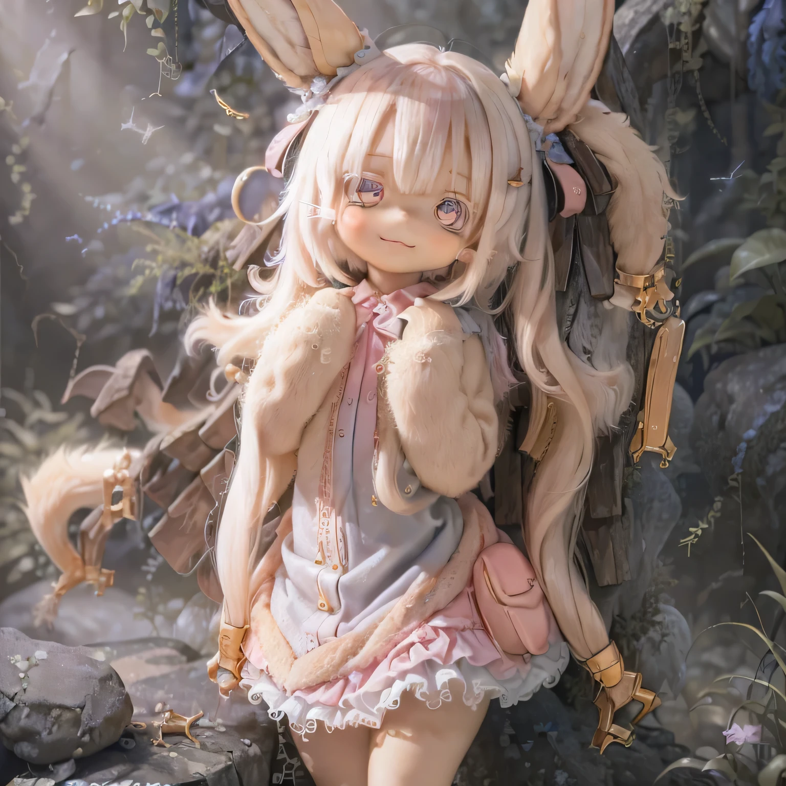 in the garden, Smiling, Similar to Nanachi from Made in Abyss. She is beautiful, Beautiful eyes and lips.  (((Chibi Style,))) . Image quality is excellent, Highly detailed and realistic features. The medium of this work is、Combining illustration and photorealistic rendering.. The colors are vivid、The lighting creates a warm and bright atmosphere。 whole body(((((Cute pink dress)))))Contrasting cute poses