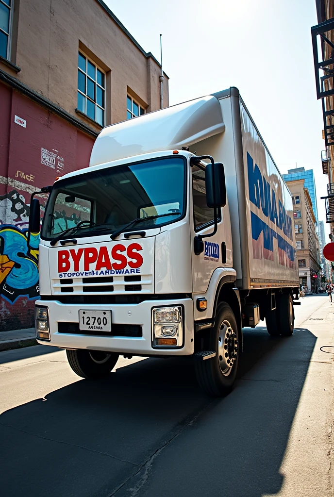 A white Isuzu frr truck written BYPASS STOPOVER HARDWARE in blue and Red